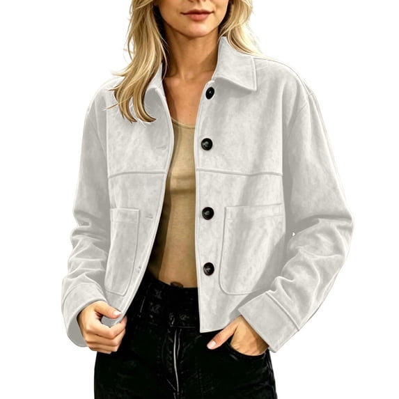 QIYAGBSA Cropped Jacket for Women Button Down Lapel Short Coat Long Sleeve Outerwear with Pockets for Fall Casual Office