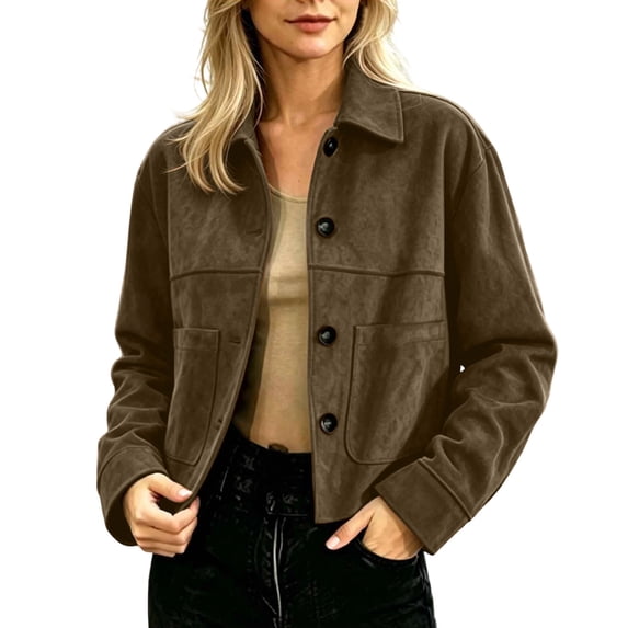 QIYAGBSA Cropped Jacket for Women Button Down Lapel Short Coat Long Sleeve Outerwear with Pockets for Fall Casual Office