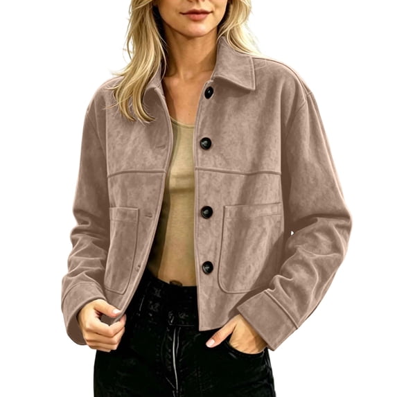 QIYAGBSA Cropped Jacket for Women Button Down Lapel Short Coat Long Sleeve Outerwear with Pockets for Fall Casual Office