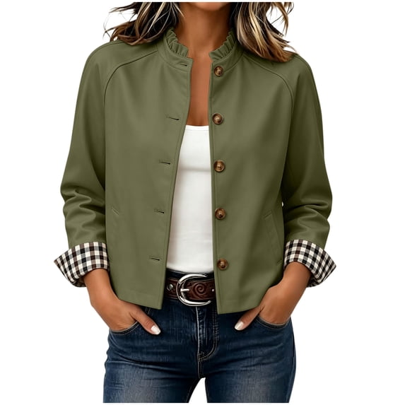 QIYAGBSA Cropped Jackets for Women Ruffle Stand Collar Button Down Plaid Cuffs Lightweight Long Sleeve with Pockets for Fall Casual Weekend Wear
