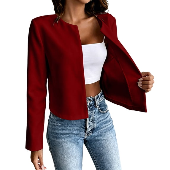 QIYAGBSA Cropped Open Front Jackets for Women Round Neck Lined Long Sleeve Collarless Blazer Lightweight Casual Spring Fall Office Outerwear