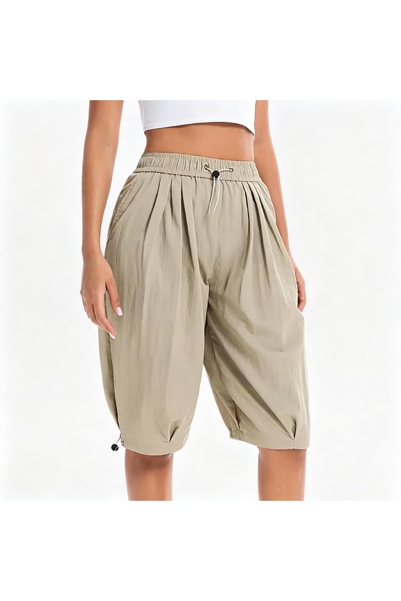 Cropped Pants for Women Elastic Waist Drawstring Cuffs with Pockets Relaxed Fit Solid Color (Khaki S)
