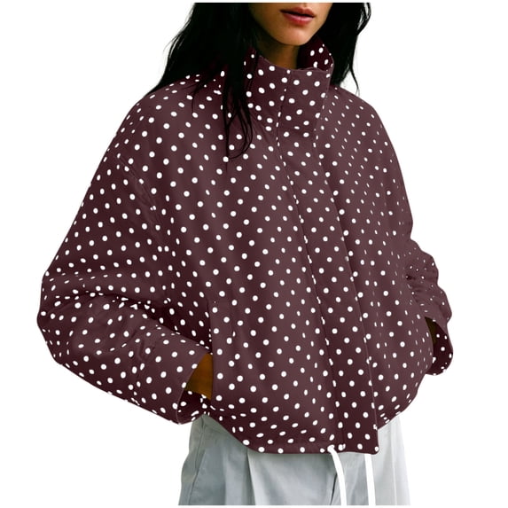 QIYAGBSA Cropped Puffer Jackets for Women Polka Dot Stand Collar Full Zip Long Sleeve with Pockets Drawstring Hem for Fall Weekend and Outdoor Walks