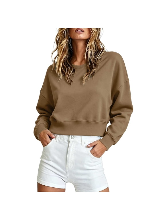 Cropped Sweatshirts for Women Crewneck Long Sleeve Drop Shoulder Loose Fit Fleece Pullover for Fall Winter Coffee Runs Casual