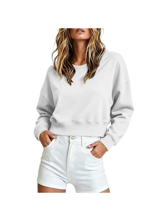 Cropped Sweatshirts for Women Crewneck Long Sleeve Drop Shoulder Loose Fit Fleece Pullover for Fall Winter Coffee Runs Casual