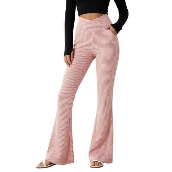 QIYAGBSA Crossover Flare Pants for Women Ribbed High Waisted Bell Bottom Bootcut Stretch Solid Trousers with Side Pockets Office Casual Fall