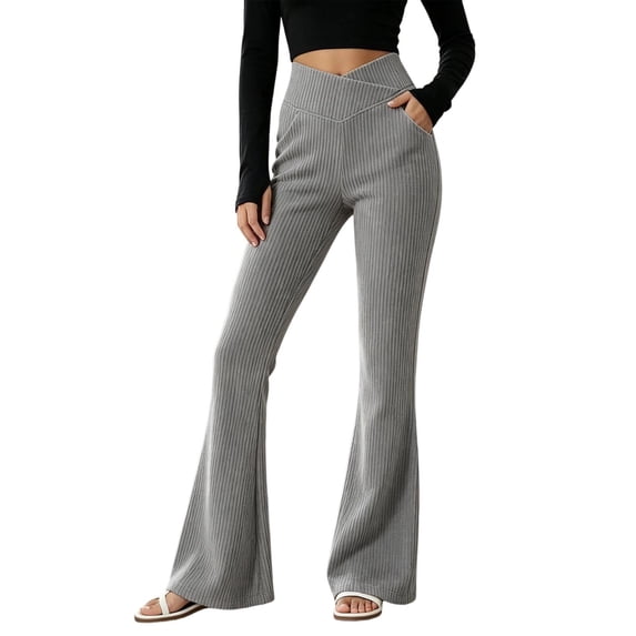 QIYAGBSA Crossover Flare Pants for Women Ribbed High Waisted Bell Bottom Bootcut Stretch Solid Trousers with Side Pockets Office Casual Fall
