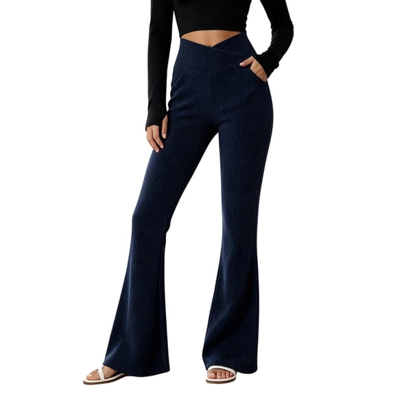 QIYAGBSA Crossover Flare Pants for Women Ribbed High Waisted Bell Bottom Bootcut Stretch Solid Trousers with Side Pockets Office Casual Fall