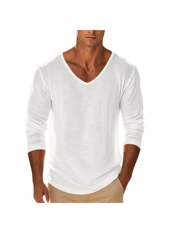 Deep V Neck T Shirts for Men Long Sleeve Solid Color Loose Fit Lightweight Casual Basic Tees Fall Spring Base Layer