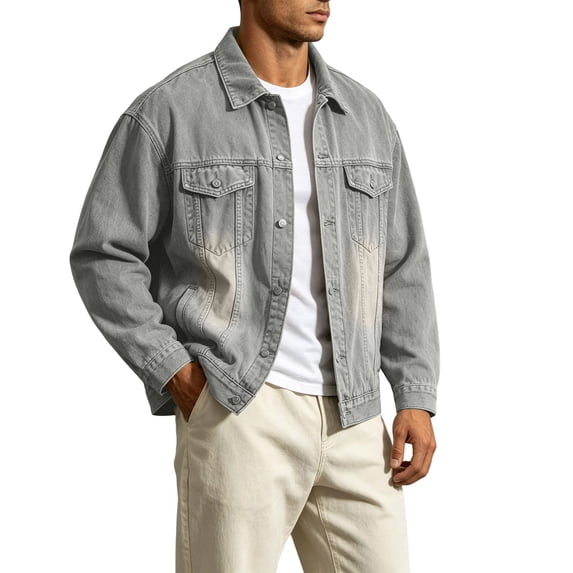 QIYAGBSA Denim Jacket for Men Vintage Washed Button Down Trucker Jean Jacket Loose Fit with Pockets for Fall Casual Work Outdoor