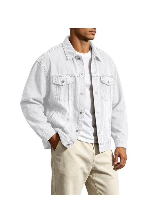 Denim Jacket for Men Vintage Washed Button Down Trucker Jean Jacket Loose Fit with Pockets for Fall Casual Work Outdoor