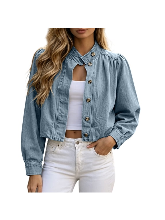 Denim Jackets for Women Cropped Button Down Stand Collar Puff Sleeve Casual Short Coat with Front Button Detail for Fall Winter (Light Blue, S)