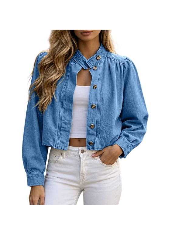 Denim Jackets for Women Cropped Button Down Stand Collar Puff Sleeve Casual Short Coat with Front Button Detail for Fall Winter (Sky Blue, L)