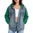 thumbnail image 1 of QIYAGBSA Denim Jackets for Women with Knit Sleeves Patchwork Hooded Casual Spring Fall Outerwear (Green, 2XL), 1 of 8