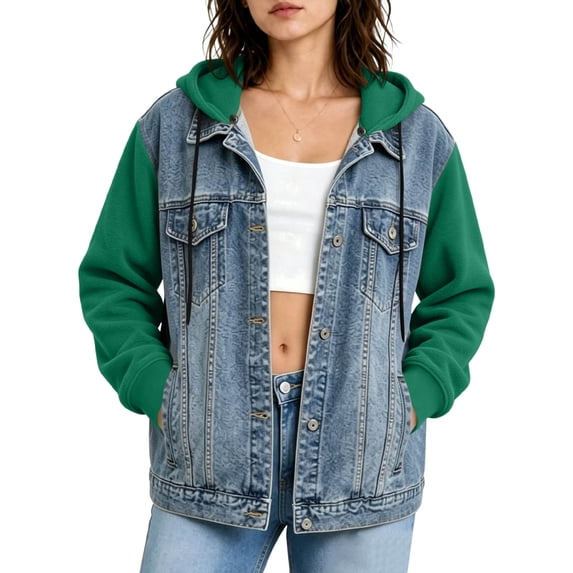 QIYAGBSA Denim Jackets for Women with Knit Sleeves Patchwork Hooded Casual Spring Fall Outerwear (Green, 2XL)