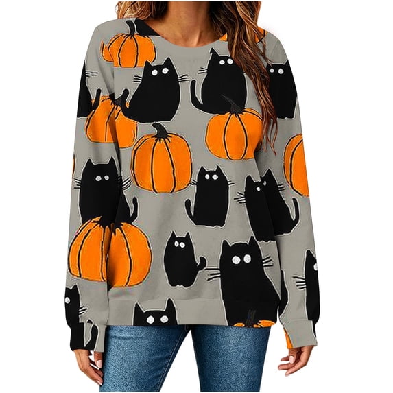 QIYAGBSA Fall Sweatshirts for Women Long Sleeve Crewneck Pumpkin Print Halloween Pullover Tops Casual Festive Graphic Sweatshirt Loose Fit