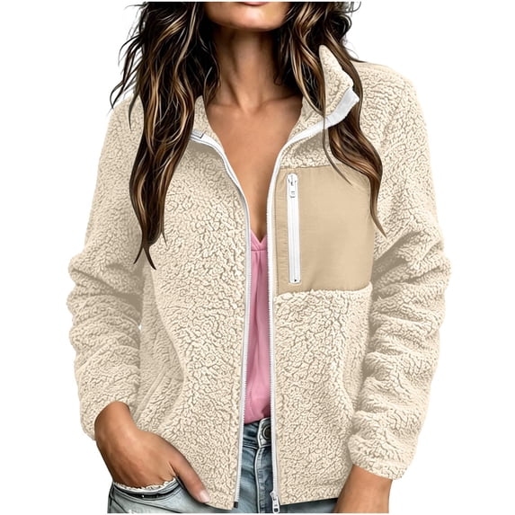 QIYAGBSA Fleece Jacket for Women Zip Up Stand Collar Long Sleeve Sherpa Contrast Pocket Warm Fall Winter Casual Outerwear (Khaki, 2XL)