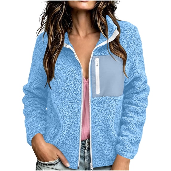 QIYAGBSA Fleece Jacket for Women Zip Up Stand Collar Long Sleeve Sherpa Contrast Pocket Warm Fall Winter Casual Outerwear (Light Blue, L)