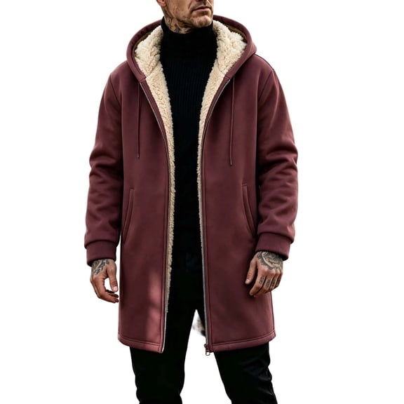 QIYAGBSA Fleece Lined Hoodie Jacket for Men Full Zip Up Mid Length Long Sleeve Drawstring Side Pockets Heavyweight Warm Winter Coat for Cold Weather
