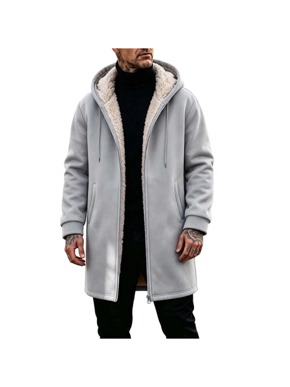 Fleece Lined Hoodie Jacket for Men Full Zip Up Mid Length Long Sleeve Drawstring Side Pockets Heavyweight Warm Winter Coat for Cold Weather