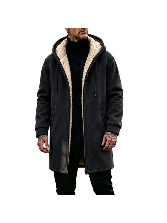 Fleece Lined Hoodie Jacket for Men Full Zip Up Mid Length Long Sleeve Drawstring Side Pockets Heavyweight Warm Winter Coat for Cold Weather