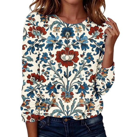 QIYAGBSA Floral Print Tops for Women Long Sleeve Crewneck Casual Loose Fit Blouses Fall Pullover Shirts Soft Stretch
