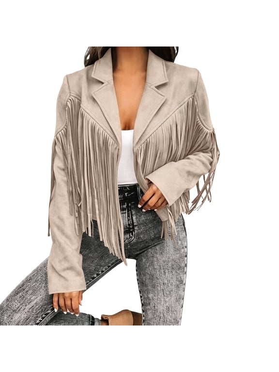 Fringe Jacket for Women, Western Lapel Collar Long Sleeve Slim Fit for Boho Party