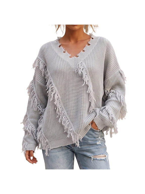 Fringe Sweater for Women V Neck Long Sleeve Relaxed Fit Boho Casual Fall Winter Pullover (Gray Free Size)