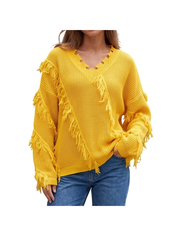 Fringe Sweater for Women V Neck Long Sleeve Relaxed Fit Boho Casual Fall Winter Pullover (Yellow Free Size)