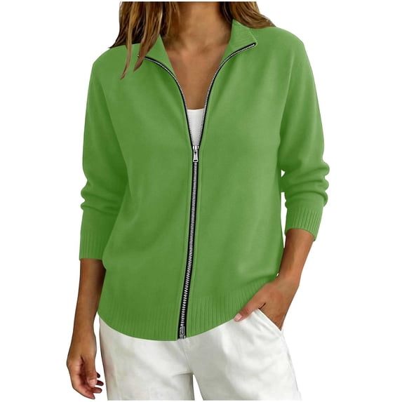 QIYAGBSA Full Zip Cardigan Sweaters for Women Stand Collar Long Sleeve Loose Fit Knit for Fall Winter Office Casual