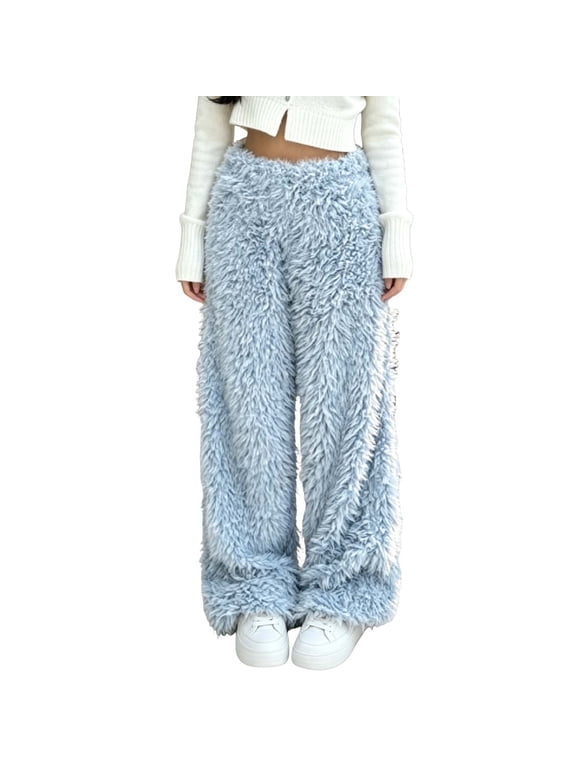 Fuzzy Faux Fur Wide Leg Pants for Women Elastic Waist Shaggy Plush Fluffy Loose Fit Warm Fall Winter Casual Pull On