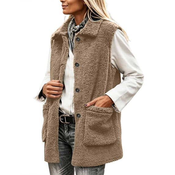 QIYAGBSA Fuzzy Sherpa Fleece Vest for Women Lapel Button Down Sleeveless Oversized Mid Length Fall Winter Warm Coats with Patch Pockets
