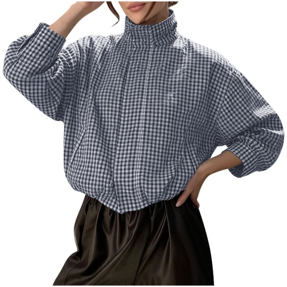 QIYAGBSA Gingham Cropped Puffer Jacket for Women Stand Collar Zip Up Long Sleeve Elastic Hem with Pockets for Fall Dinner and Weekend Wear