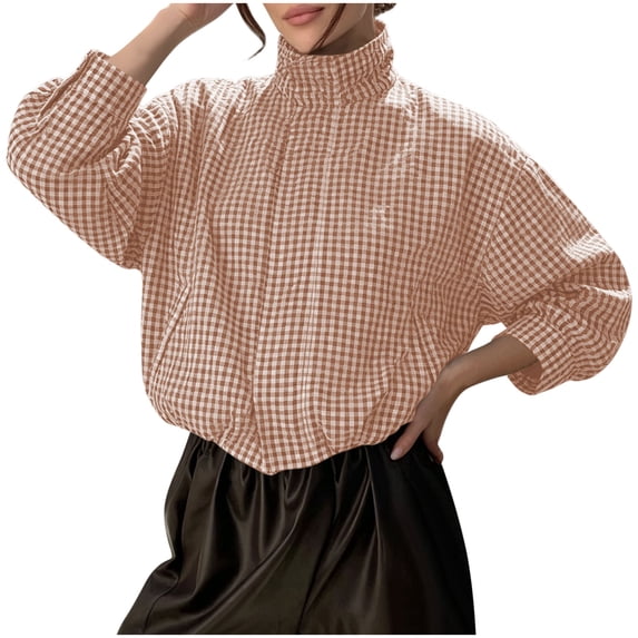 QIYAGBSA Gingham Cropped jacket for Women Stand Collar Zip Up Long Sleeve Elastic Hem with Pockets for Fall Dinner and Weekend Wear