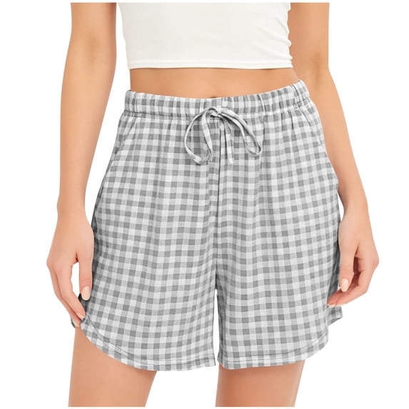 QIYAGBSA Gingham Drawstring Shorts for Women Elastic Waist with Pockets Relaxed Fit Casual Summer (Gray S)