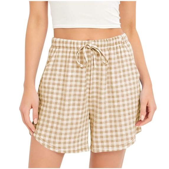 QIYAGBSA Gingham Drawstring Shorts for Women Elastic Waist with Pockets Relaxed Fit Casual Summer (Khaki 2XL)