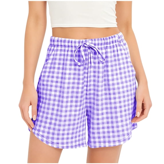 QIYAGBSA Gingham Drawstring Shorts for Women Elastic Waist with Pockets Relaxed Fit Casual Summer (Purple 2XL)