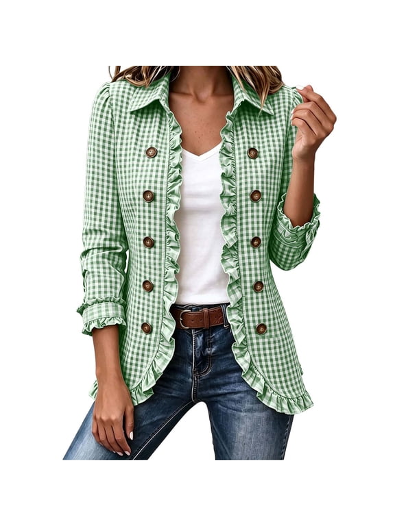 Gingham Jackets for Women Ruffle Open Front Double Breasted Collared Long Sleeve Lined Light Layer with a Tank for Cool Fall Days