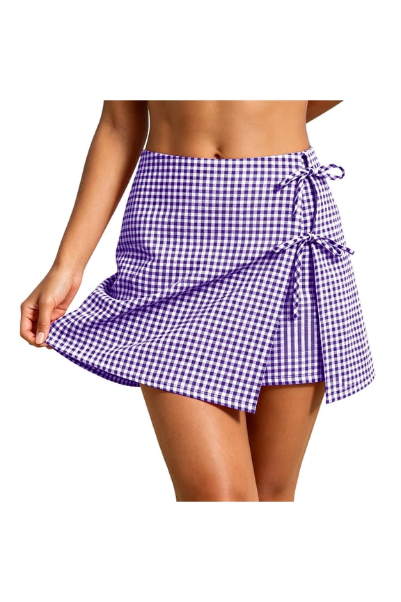 Gingham Wrap Skort for Women Tie Side Mini Skort with Built-in Shorts Casual Summer (Purple S)