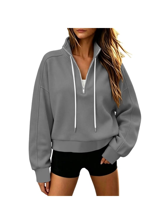 Half Zip Sweatshirts for Women Oversized Stand Collar Drawstring Long Sleeve Drop Shoulder Casual Fall Pullover Tops