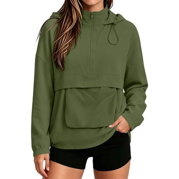 QIYAGBSA Half Zip Windbreaker for Women Hooded Pullover Kangaroo Pocket Drawstring Hem Lightweight Long Sleeve Anorak Jacket for Outdoor Runs and Weekend Wear