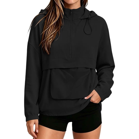 QIYAGBSA Half Zip Windbreaker for Women Hooded Pullover Kangaroo Pocket Drawstring Hem Lightweight Long Sleeve Anorak Jacket for Outdoor Runs and Weekend Wear