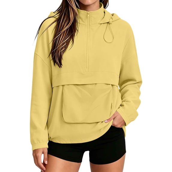 QIYAGBSA Half Zip Windbreaker for Women Hooded Pullover Kangaroo Pocket Drawstring Hem Lightweight Long Sleeve Anorak Jacket for Outdoor Runs and Weekend Wear