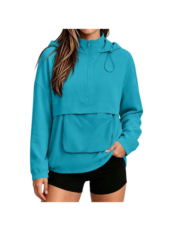 Half Zip Windbreaker for Women Hooded Pullover Kangaroo Pocket Drawstring Hem Lightweight Long Sleeve Anorak Jacket for Outdoor Runs and Weekend Wear