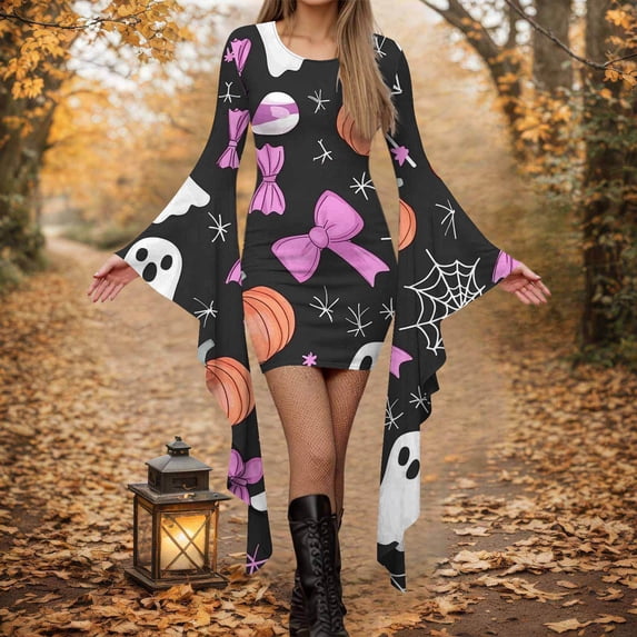 QIYAGBSA Halloween Dress for Women Soft Round Neck Pumpkin Bow Print Pointed Dramatic Sleeve Fitted Fall Party Long Sleeve