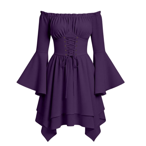 QIYAGBSA Halloween Dresses for Women Off Shoulder Bell Sleeve Corset Lace Up Handkerchief Hem Mini Dress for Halloween Themed Parties Fall Winter (Purple, S)
