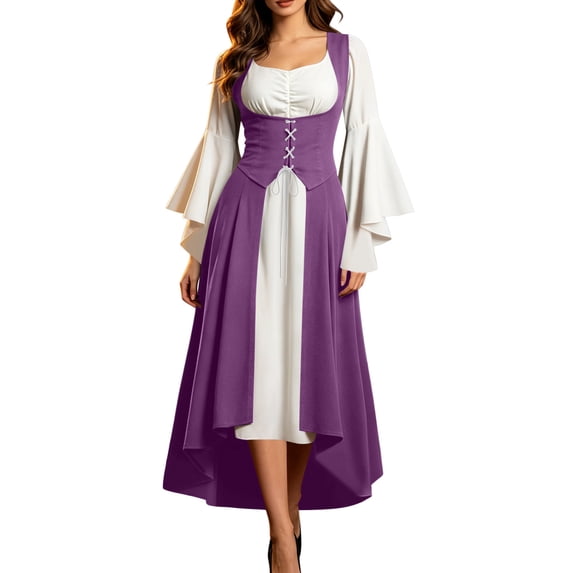 QIYAGBSA Halloween Dresses for Women Renaissance Lace Up Corset High Low Soft Long Bell Sleeve Fall Party Stage Holiday Dinner Cool Night Events