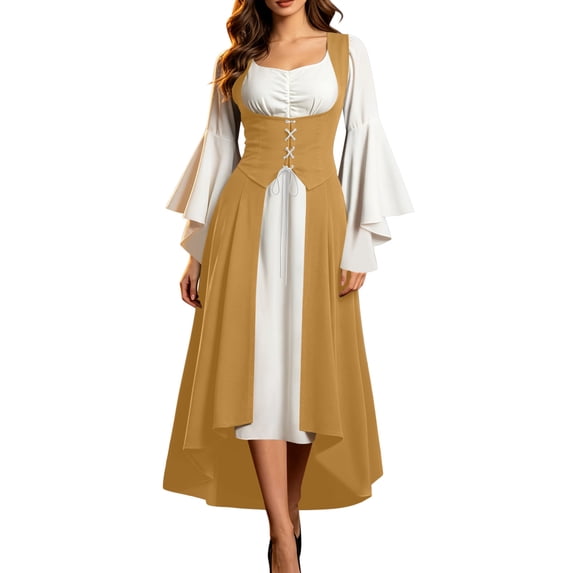 QIYAGBSA Halloween Dresses for Women Renaissance Lace Up Corset High Low Soft Long Bell Sleeve Fall Party Stage Holiday Dinner Cool Night Events