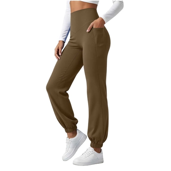 QIYAGBSA High Waisted Yoga Joggers for Women Soft Stretch Baggy Fit Elastic Waist Side Pockets Ankle Cuffs Gym Yoga Studio Athleisure Weekends
