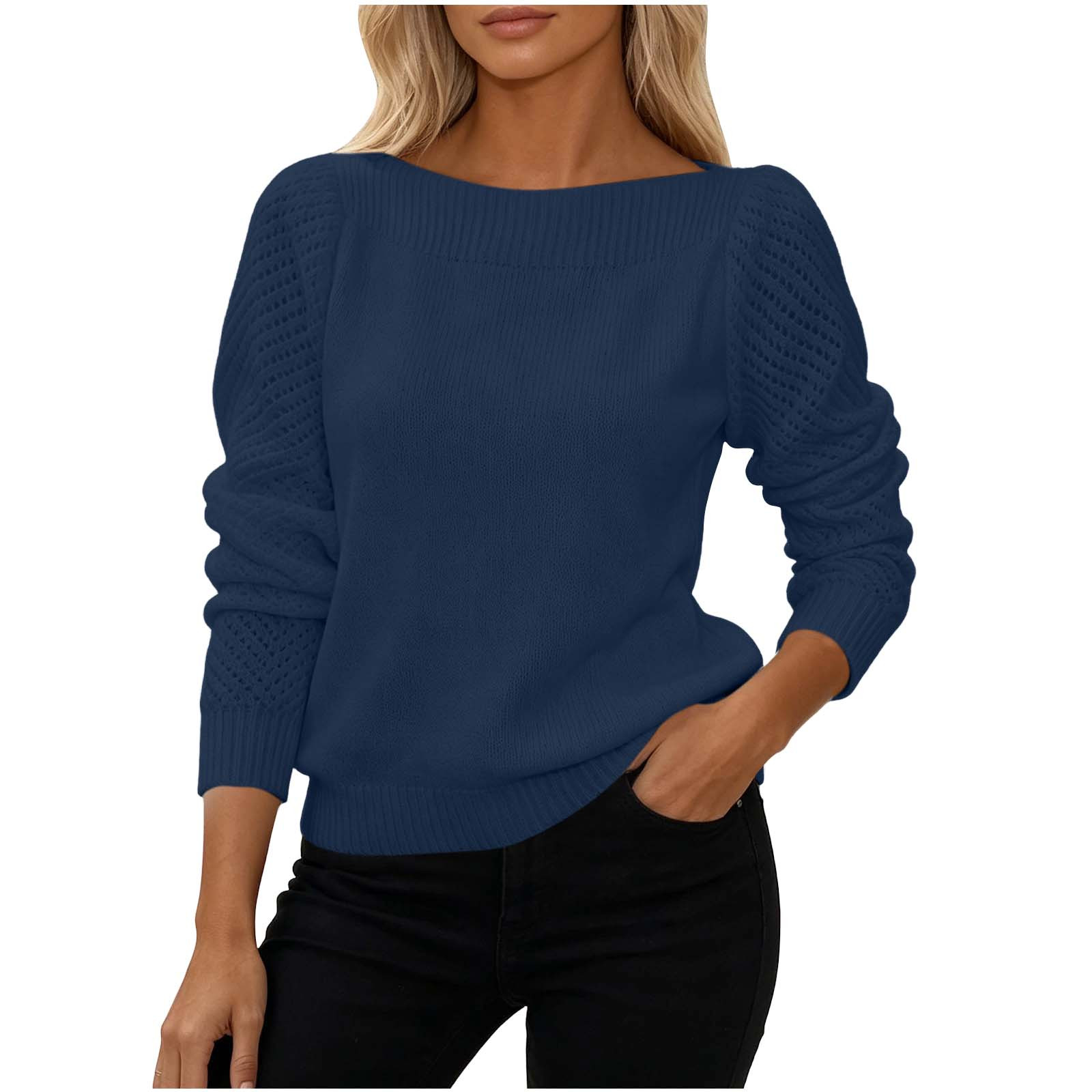 QIYAGBSA Hollow Out Knit Sleeve Sweaters For Women Boat Neck Solid 